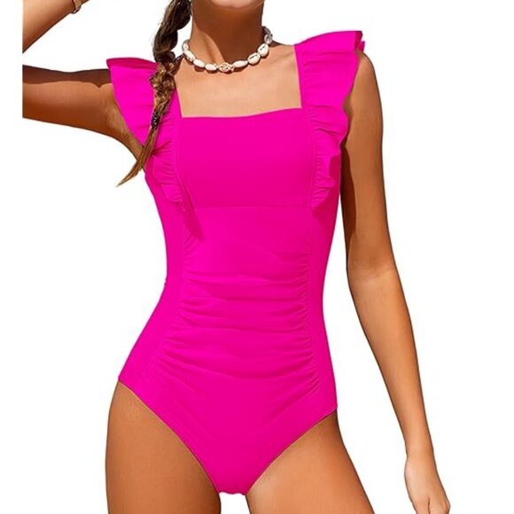 One Piece Slimming Ruffle Bathing Suit Ruched Tummy Control Swimwear Size Large - Picture 3 of 13